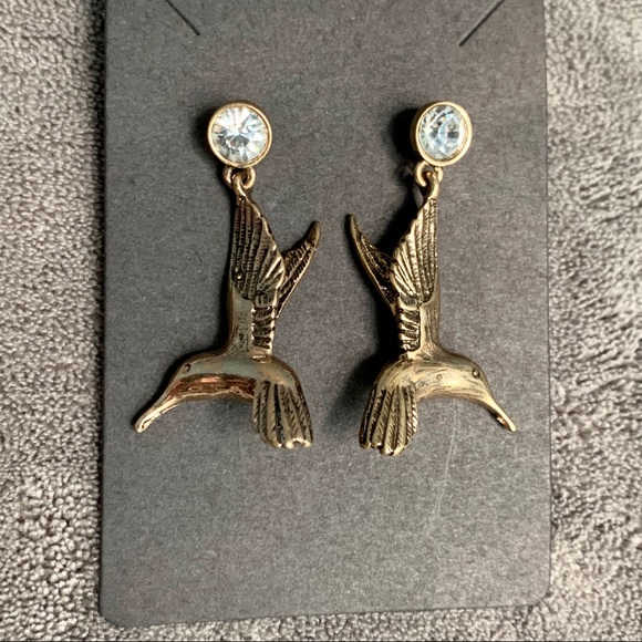 Golden Hummingbird Drop Earrings new - Picture 3 of 10